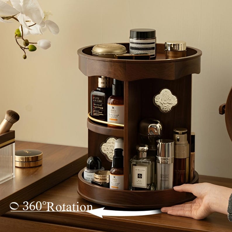Vintage 360° Rotating Wooden Makeup Organizer – Elegant Vanity Storage with Carved Accents 8