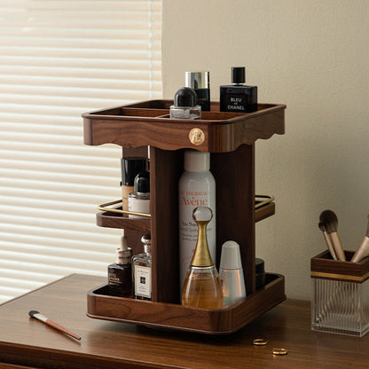 Vintage 360° Rotating Wooden Makeup Organizer – Elegant Vanity Storage with Carved Accents 0