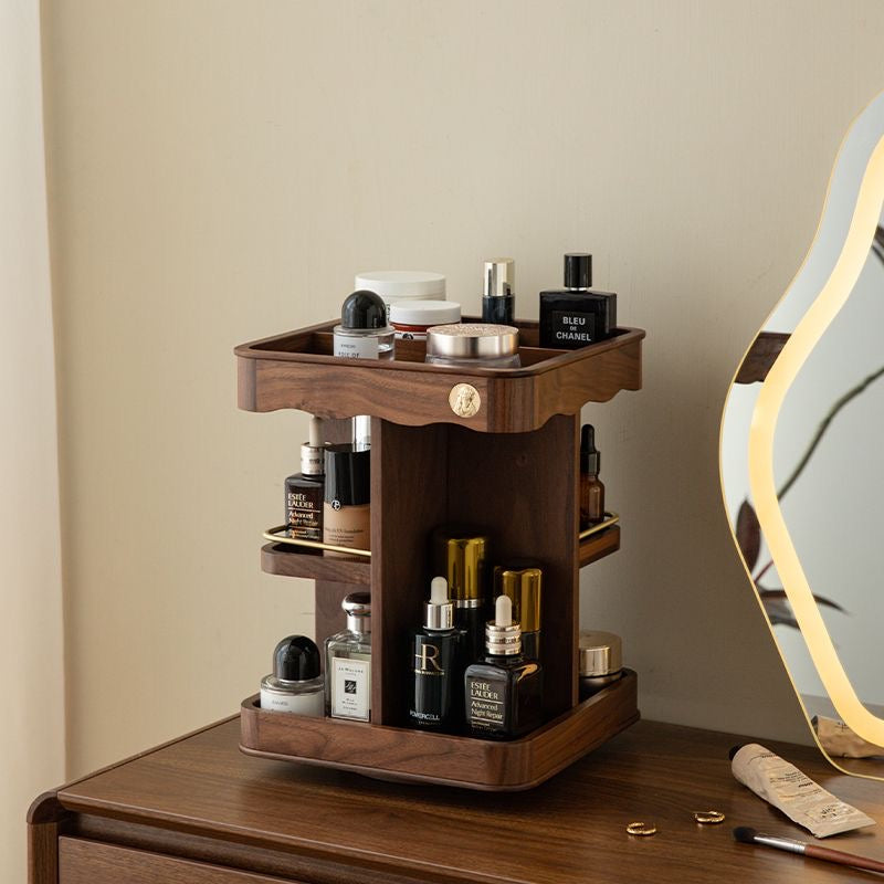 Vintage 360° Rotating Wooden Makeup Organizer – Elegant Vanity Storage with Carved Accents 1