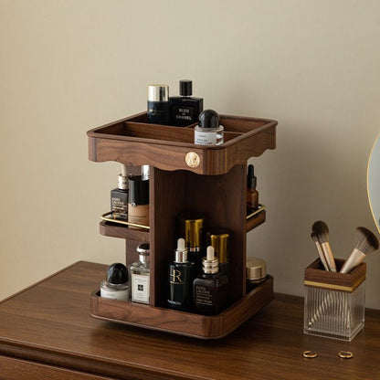 Vintage 360° Rotating Wooden Makeup Organizer – Elegant Vanity Storage with Carved Accents 2