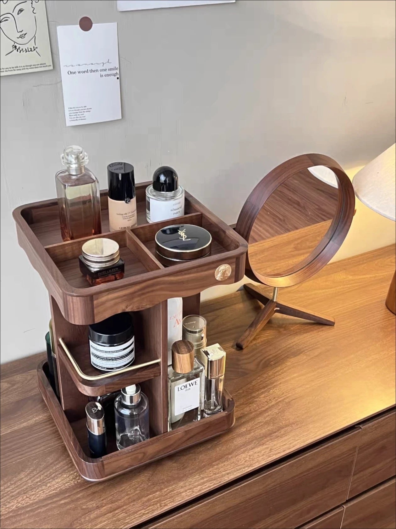 Vintage 360° Rotating Wooden Makeup Organizer – Elegant Vanity Storage with Carved Accents 4