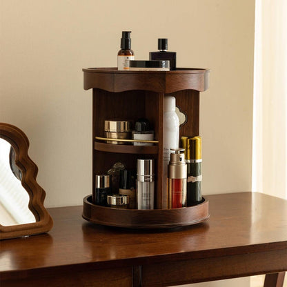 Vintage 360° Rotating Wooden Makeup Organizer – Elegant Vanity Storage with Carved Accents 5