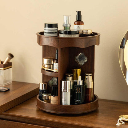 Vintage 360° Rotating Wooden Makeup Organizer – Elegant Vanity Storage with Carved Accents 6
