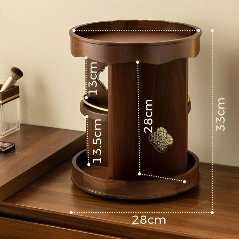 Vintage 360° Rotating Wooden Makeup Organizer – Elegant Vanity Storage with Carved Accents 7