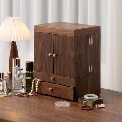 Luxury Solid Walnut Makeup Organizer Box with Drawers and Mirror – Elegant Vanity Storage Cabinet for Jewelry, Cosmetics & Beauty Essentials 1