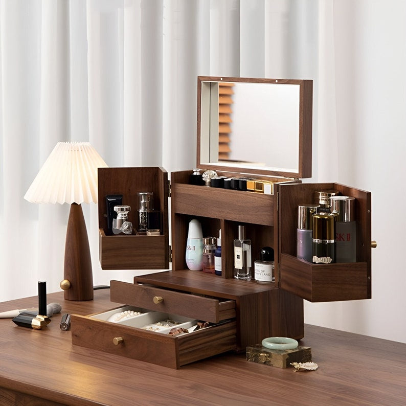Luxury Solid Walnut Makeup Organizer Box with Drawers and Mirror – Elegant Vanity Storage Cabinet for Jewelry, Cosmetics & Beauty Essentials 2