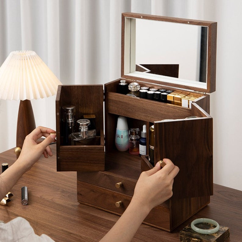 Luxury Solid Walnut Makeup Organizer Box with Drawers and Mirror – Elegant Vanity Storage Cabinet for Jewelry, Cosmetics & Beauty Essentials 3