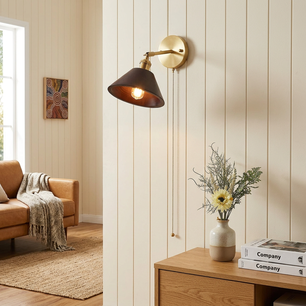 Elara Haus Industrial Swing Arm Wall Sconce with Timber Shade