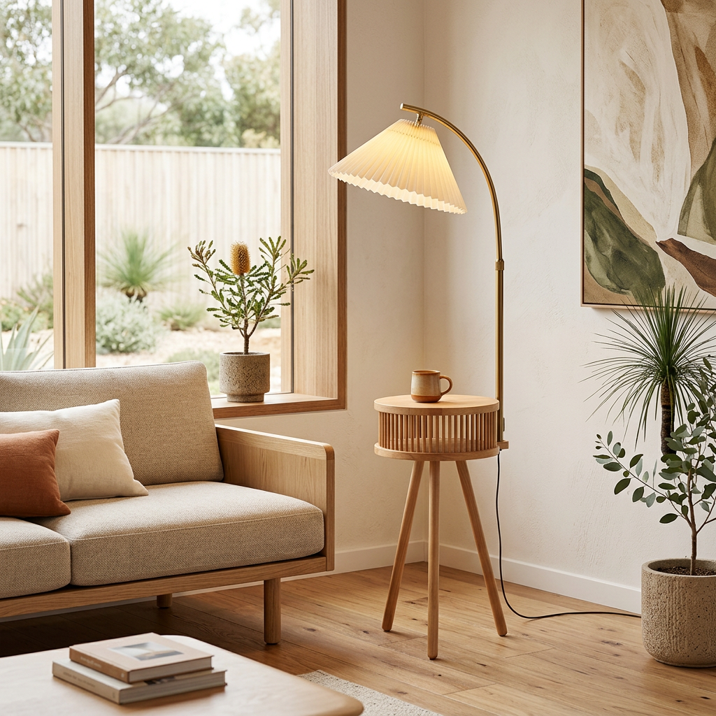 Elara Haus Japandi Pleated Shade Floor Lamp with Side Table