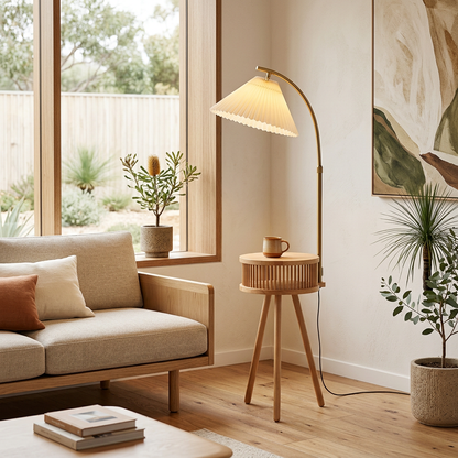 Elara Haus Japandi Pleated Shade Floor Lamp with Side Table