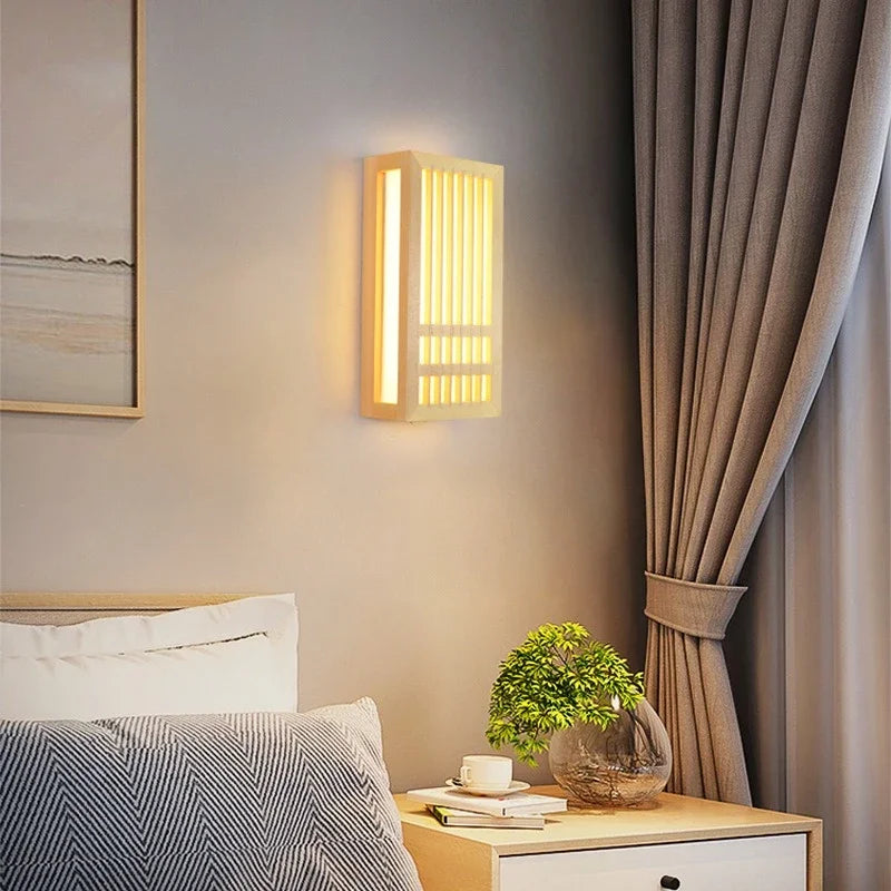 Wooden LED wall sconce – Japandi-style lamp with a decorative panel 3