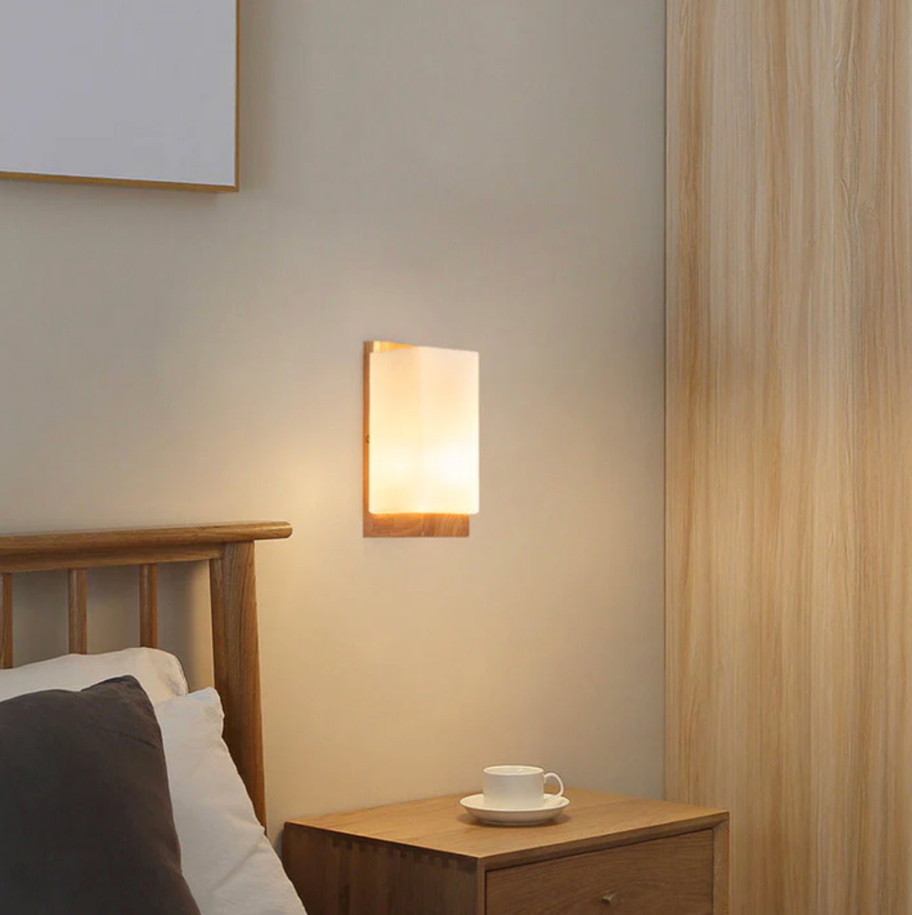 Wooden wall sconce with a frosted shade – a modern lamp for the bedroom 1