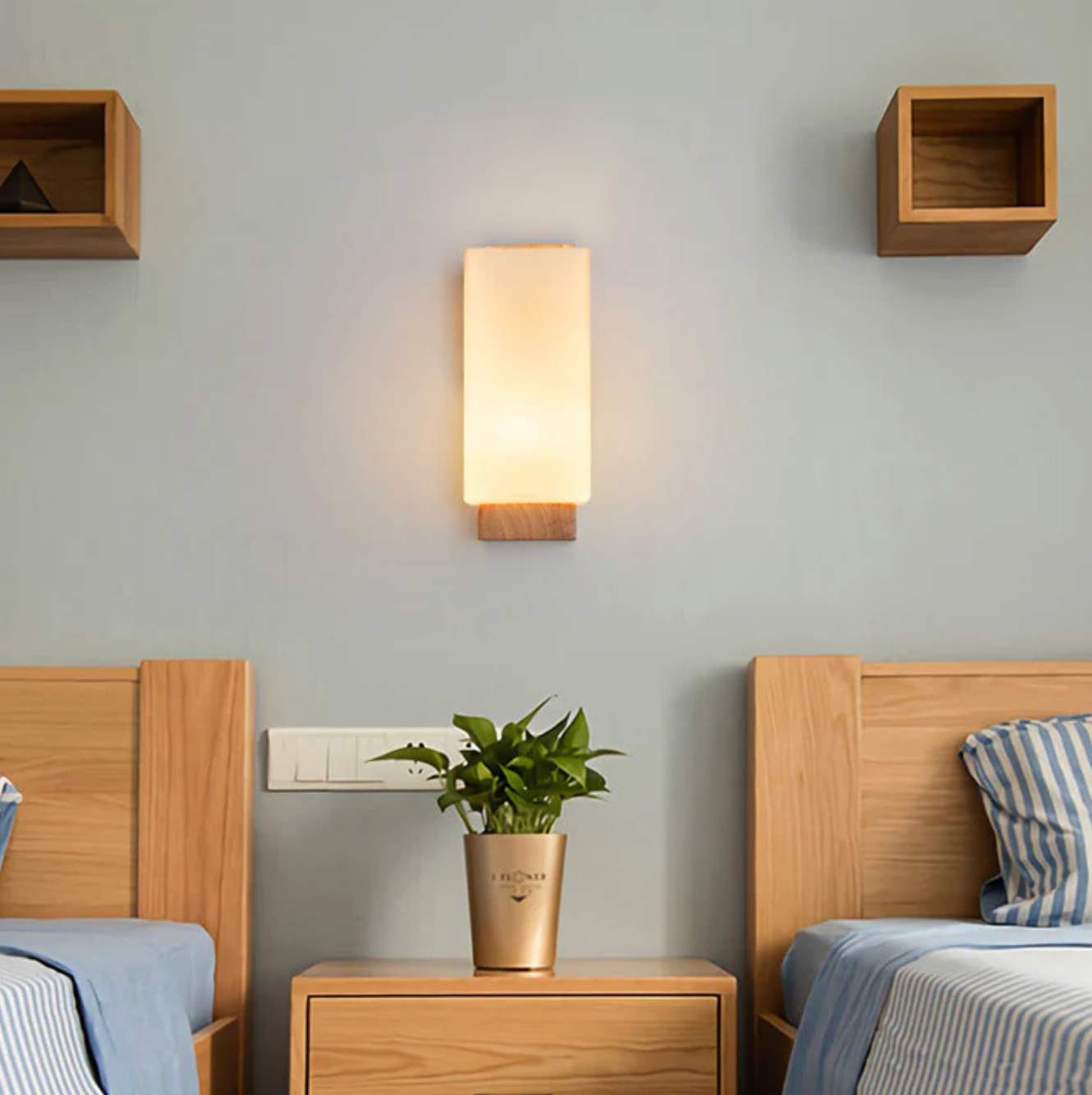 Wooden wall sconce with a frosted shade – a modern lamp for the bedroom 2