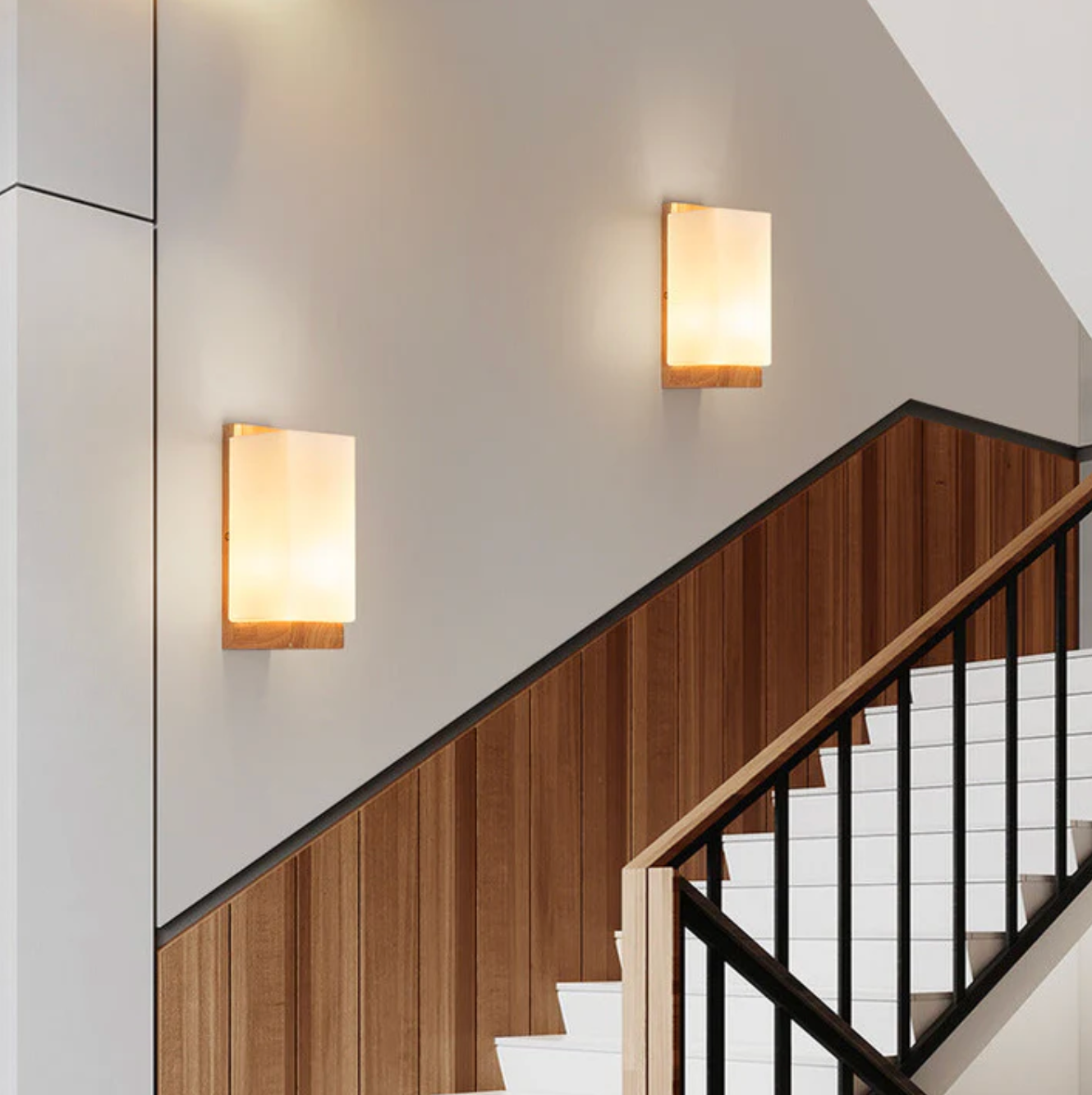 Wooden wall sconce with a frosted shade – a modern lamp for the bedroom 3