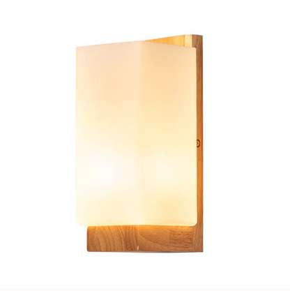 Wooden wall sconce with a frosted shade – a modern lamp for the bedroom 7