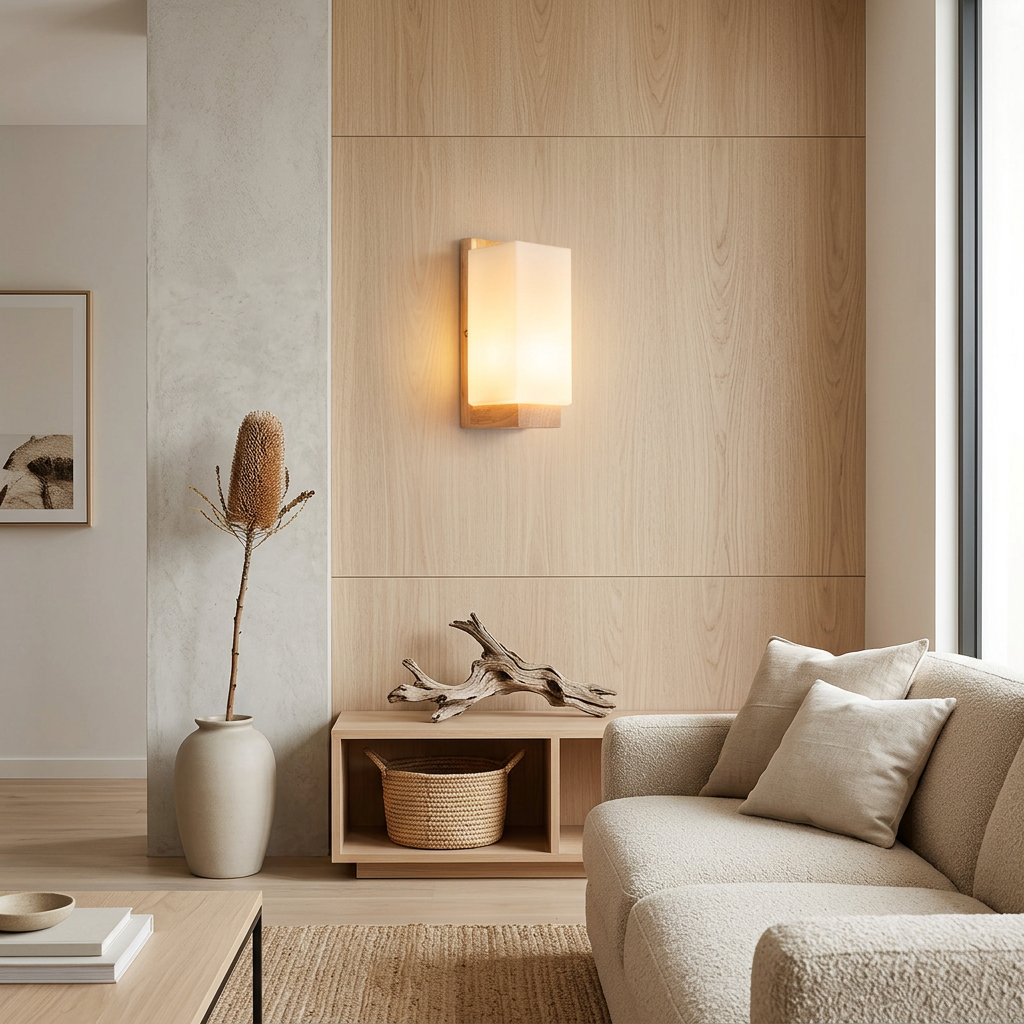 Elara Haus Japandi Timber Wall Sconce with Frosted Glass Shade