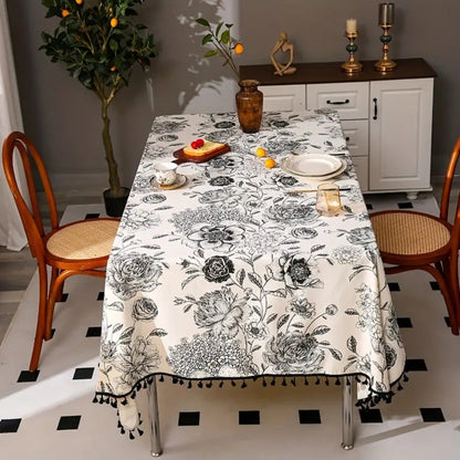 Black Floral Tasseled Farmhouse Tablecloth 1