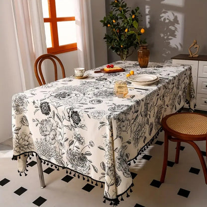 Black Floral Tasseled Farmhouse Tablecloth 2