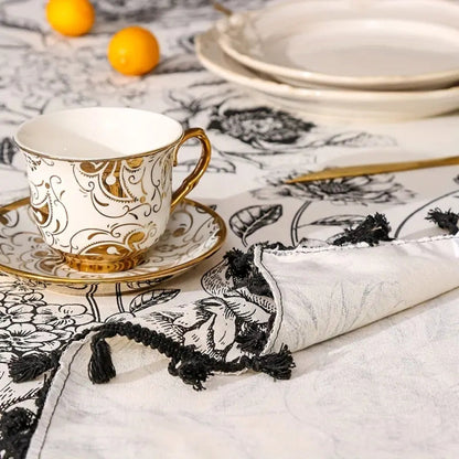 Black Floral Tasseled Farmhouse Tablecloth 5