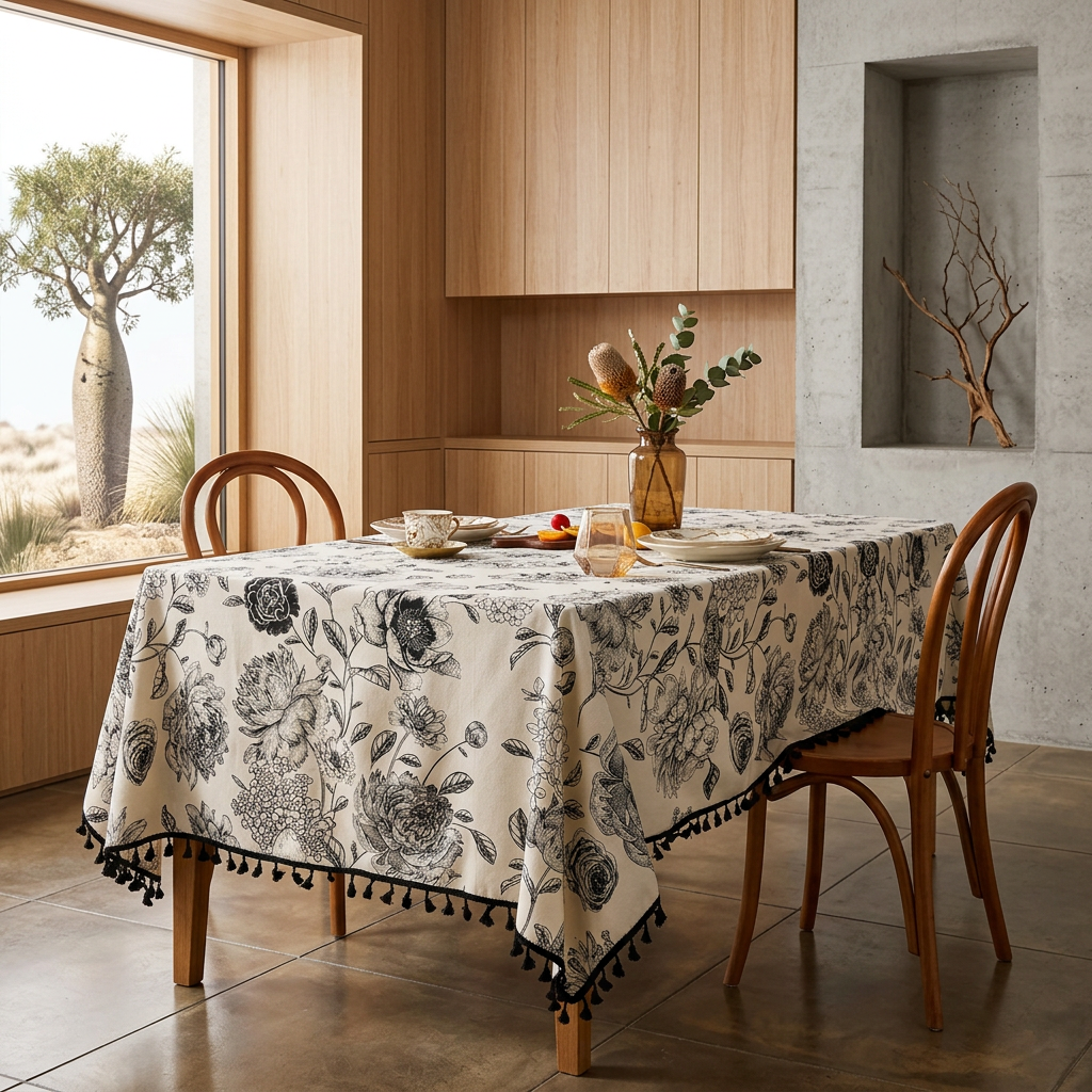Elara Haus Kintsugi Bloom – Architectural Ink-Floral Linen Tablecloth