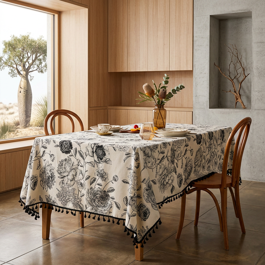 Elara Haus Kintsugi Bloom – Architectural Ink-Floral Linen Tablecloth