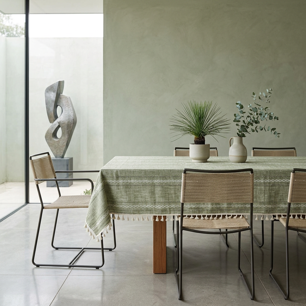 Elara Haus Kintsugi Grove – Architectural Sage Linen Tablecloth