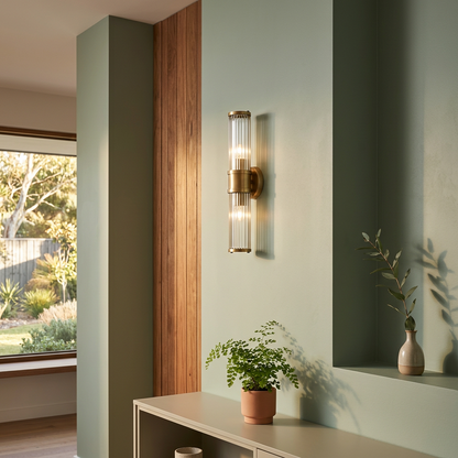Elara Haus Kintsugi Pillar – Architectural Fluted Crystal & Brass Wall Sconce