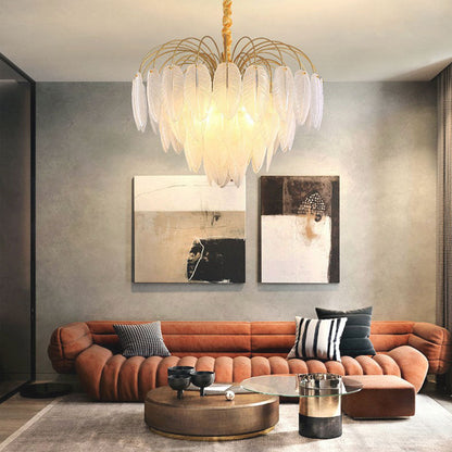 Modern chandelier made of ore glass feather, gold & white 2