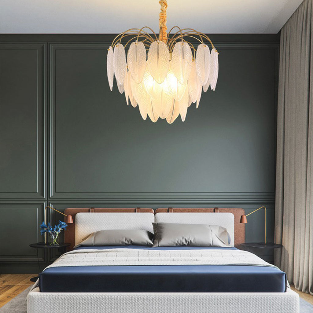 Modern chandelier made of ore glass feather, gold & white 4