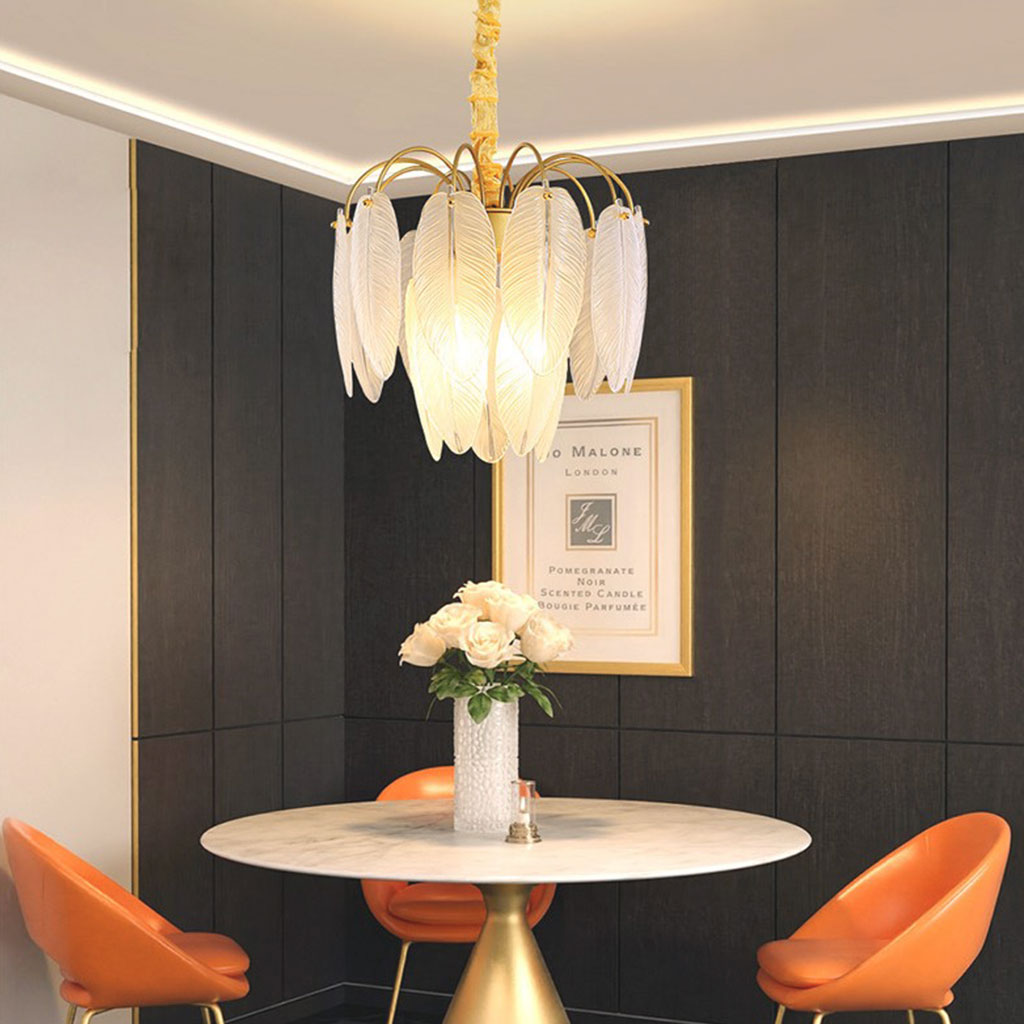 Modern chandelier made of ore glass feather, gold & white 5