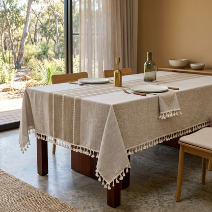 Elara Haus Kintsugi Runner – Architectural Fringed Linen Tablecloth