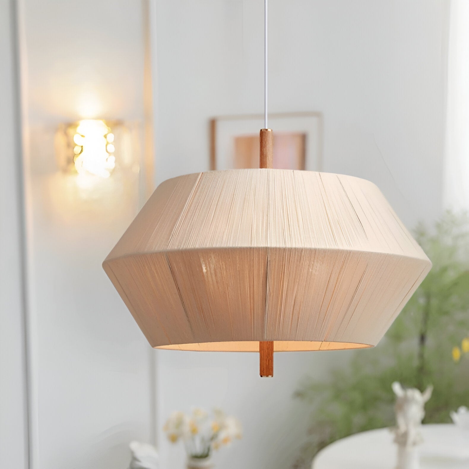 Japandi Totora Rope Wrapped Oak Pendant Light 1