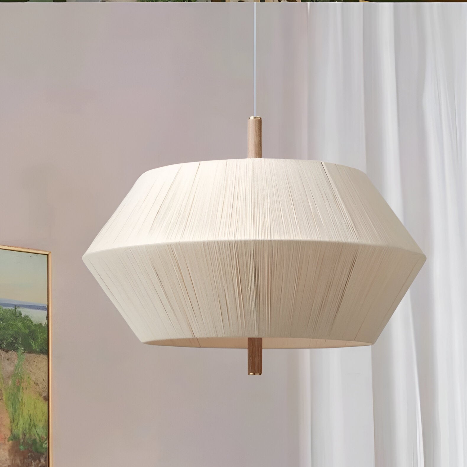 Japandi Totora Rope Wrapped Oak Pendant Light 5