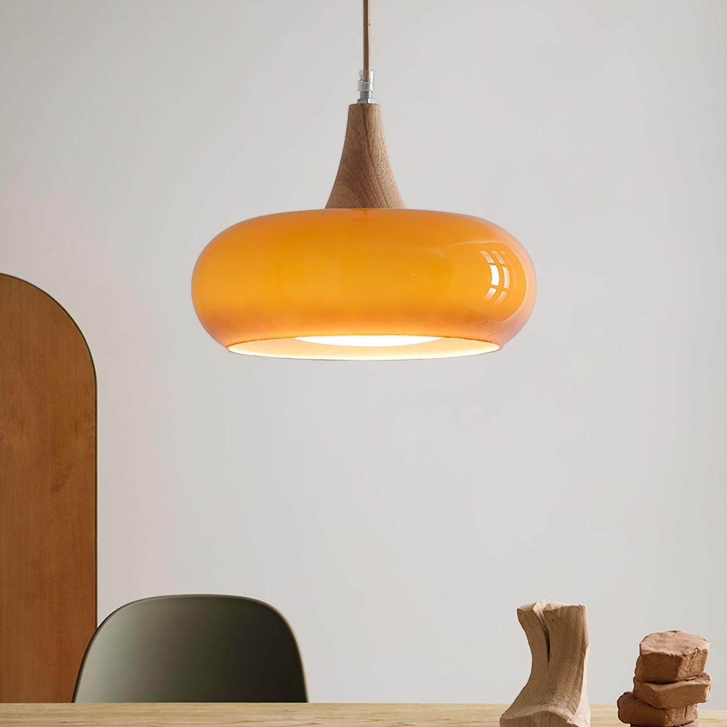 Elara Haus Kitchen Pendant Lighting - Amber Glass and Wood Hanging Light 4