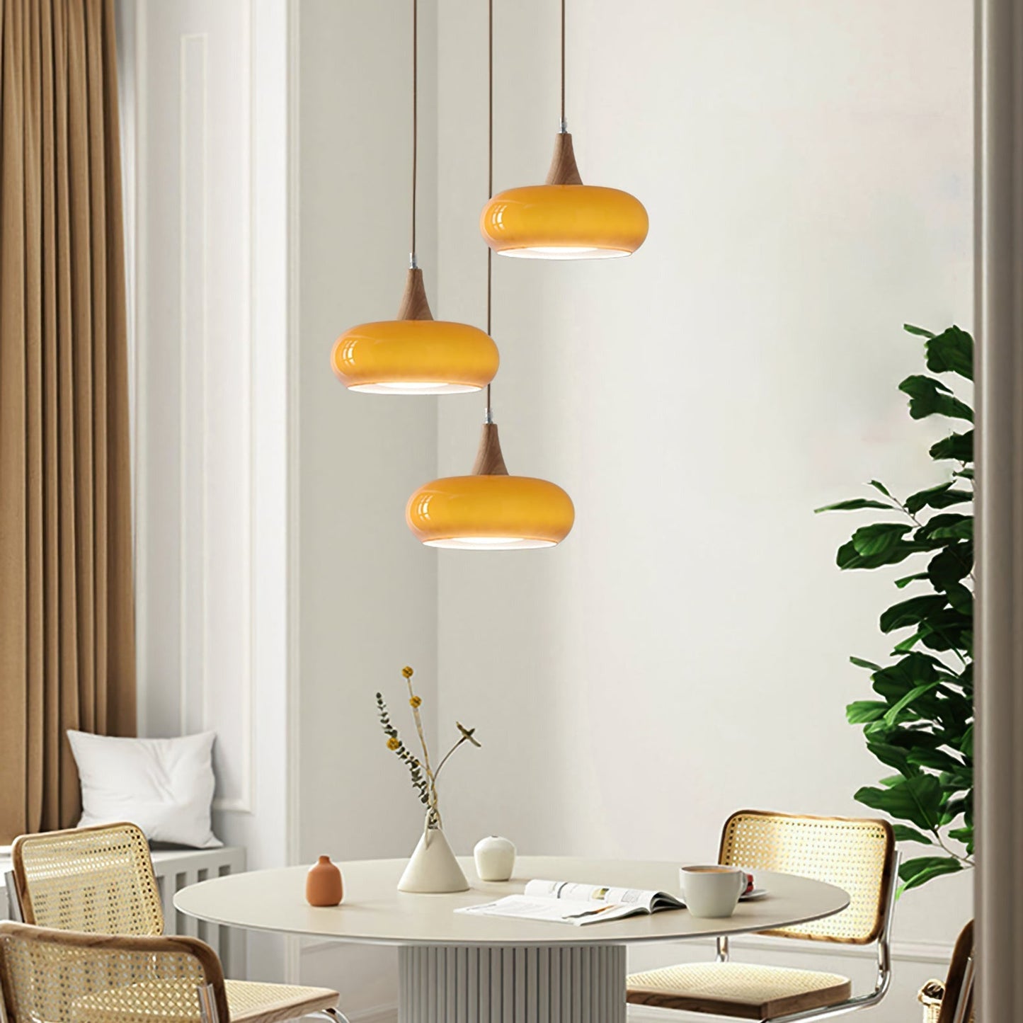 Elara Haus Kitchen Pendant Lighting - Amber Glass and Wood Hanging Light 6