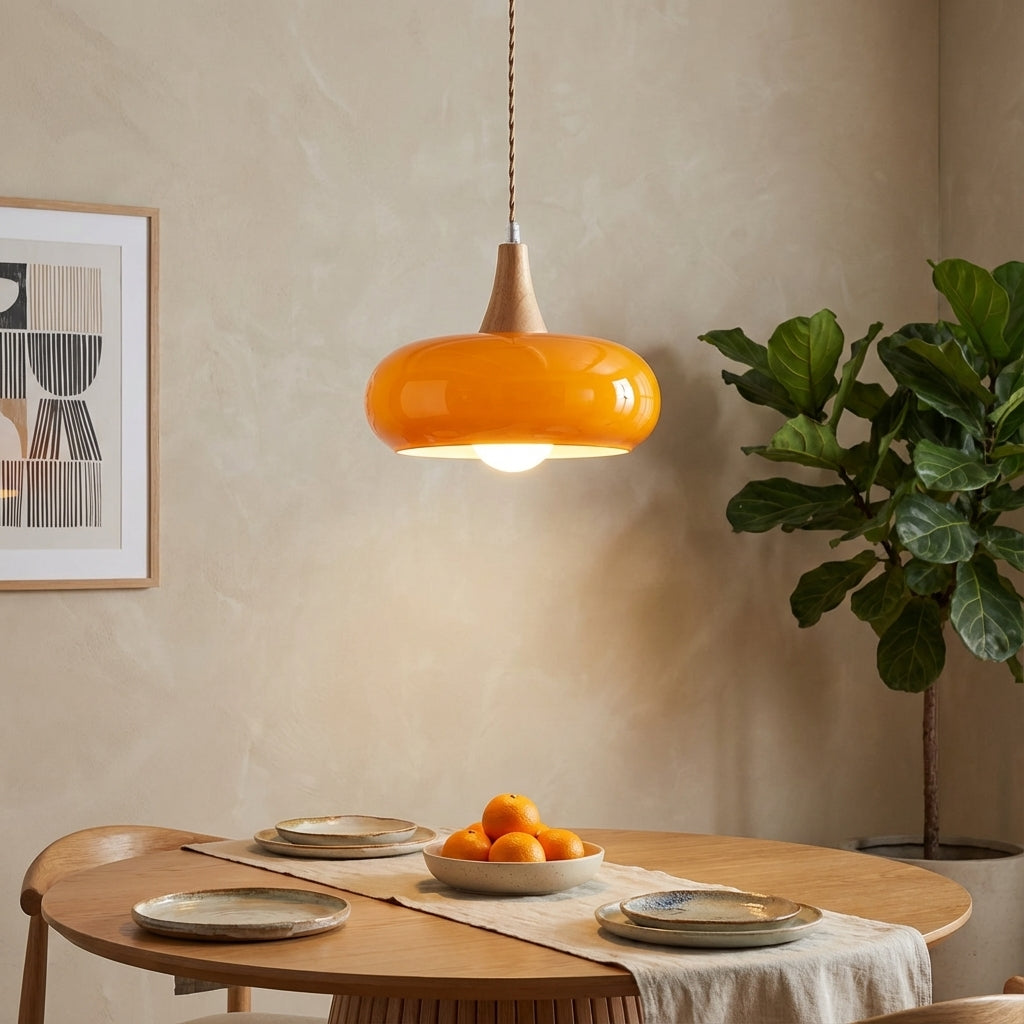 Elara Haus Kitchen Pendant Lighting - Amber Glass and Wood Hanging Light