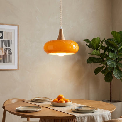 Elara Haus Kitchen Pendant Lighting - Amber Glass and Wood Hanging Light