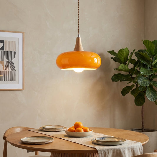 Elara Haus Kitchen Pendant Lighting - Amber Glass and Wood Hanging Light