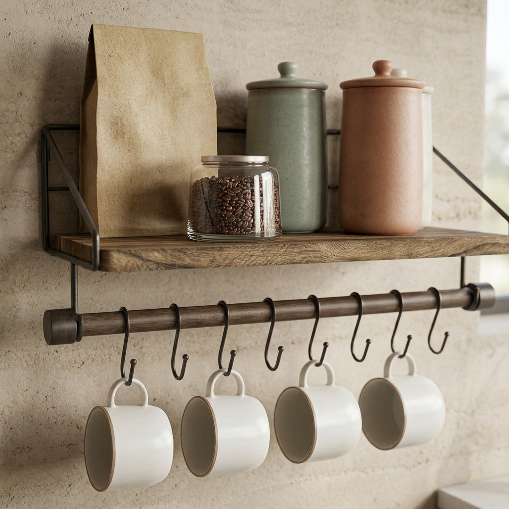 Elara Haus Kitchen Spice Rack Wall Shelf with Mug Hanging Rod
