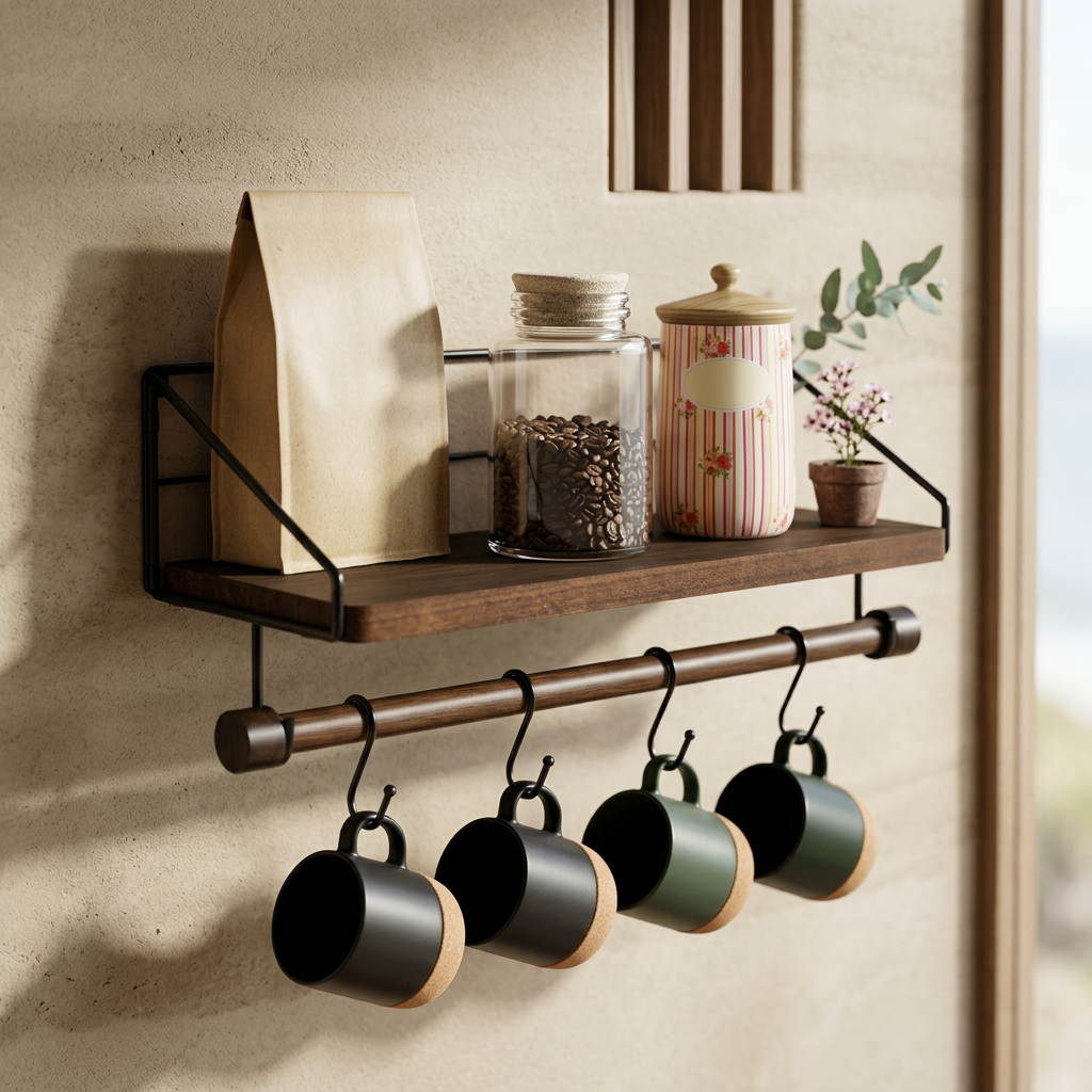 Elara Haus Kitchen Spice Rack Wall Shelf with Mug Hanging Rod