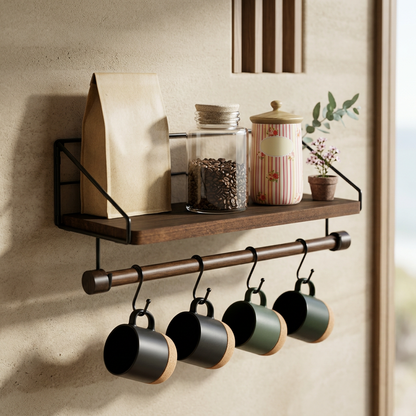 Elara Haus Kitchen Spice Rack Wall Shelf with Mug Hanging Rod