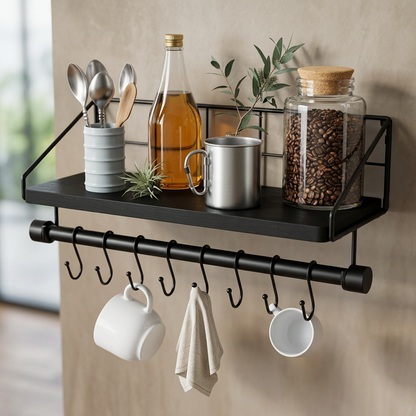 Elara Haus Kitchen Spice Rack Wall Shelf with Mug Hanging Rod