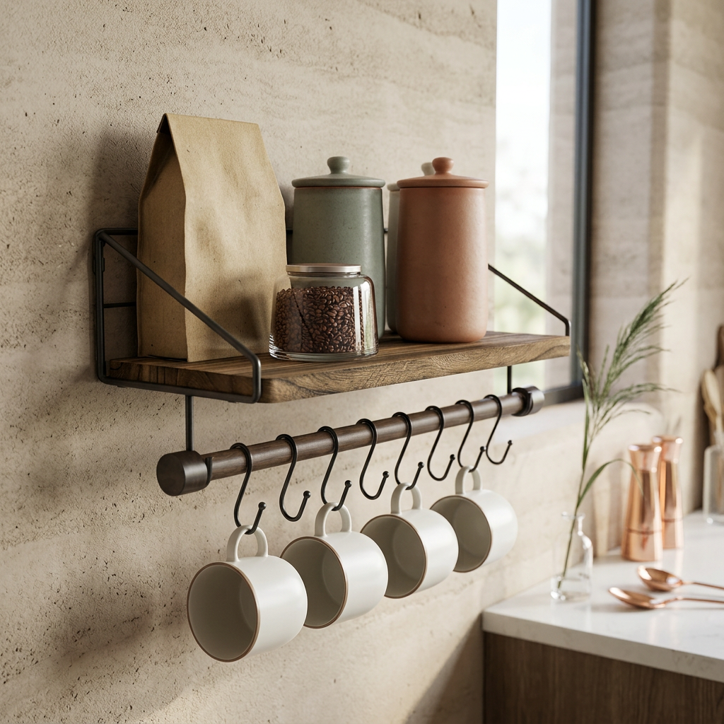 Elara Haus Kitchen Spice Rack Wall Shelf with Mug Hanging Rod
