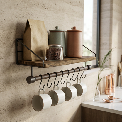 Elara Haus Kitchen Spice Rack Wall Shelf with Mug Hanging Rod