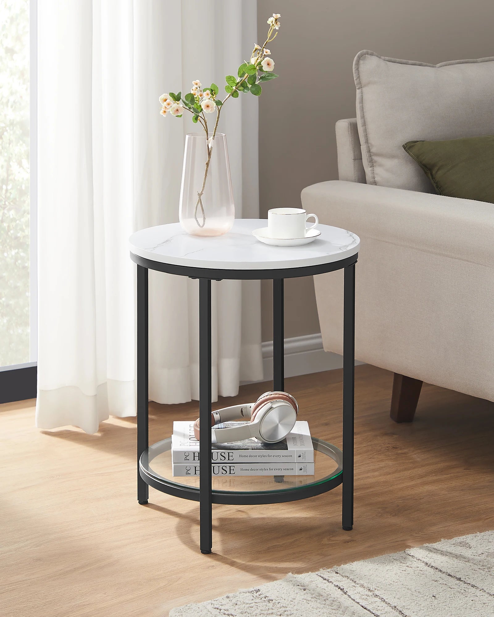 Aurephine - Two-Level Glass Side Table with Marble Look 1