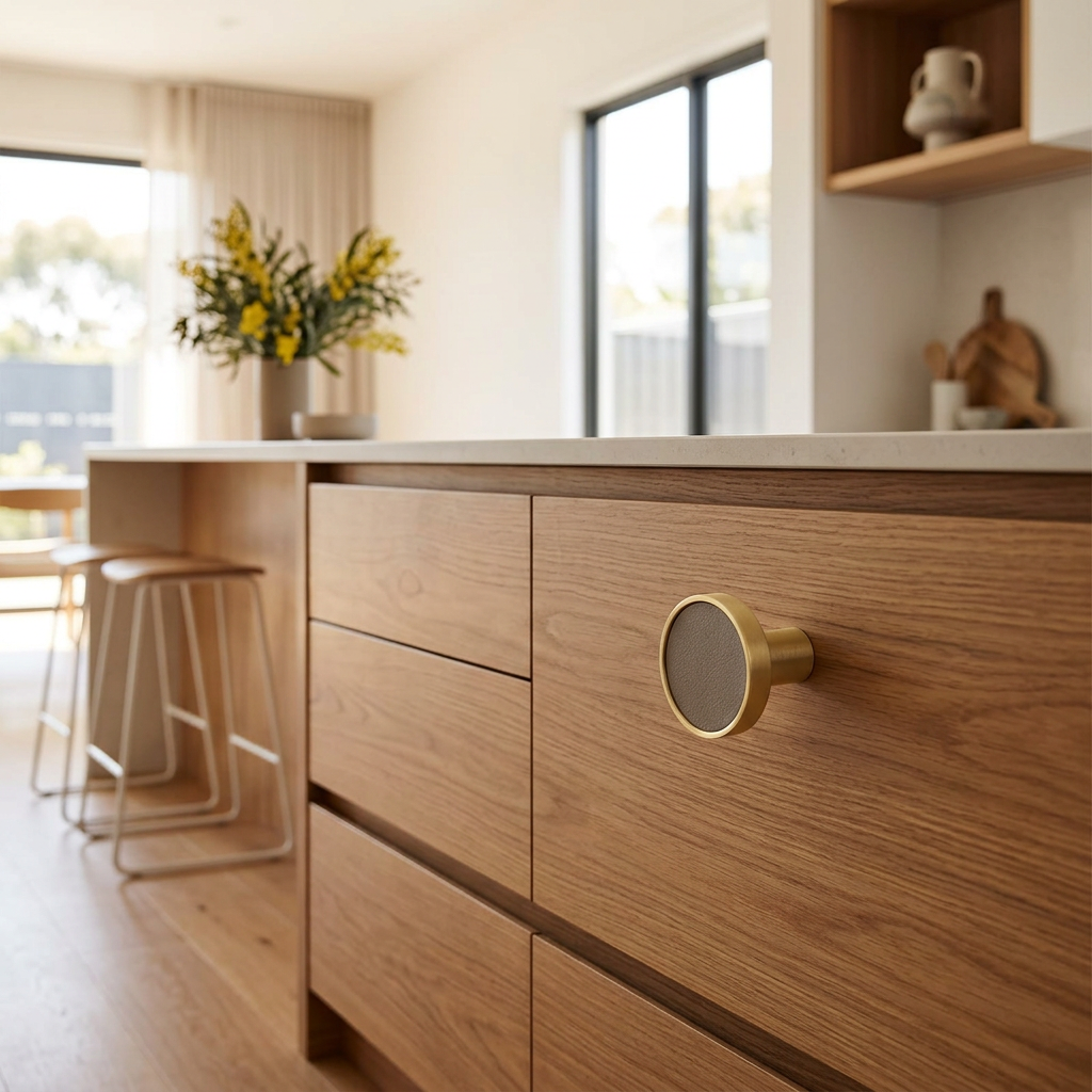Elara Haus Luxury Stitched Leather & Brass Cabinet Handle