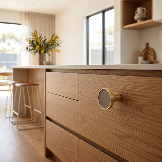 Elara Haus Luxury Stitched Leather & Brass Cabinet Handle