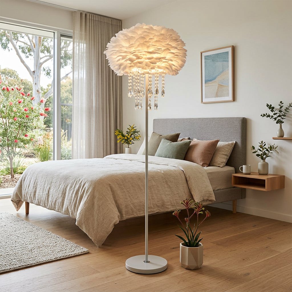 Elara Haus Lyra Vault – Architectural Crystal Tassel & Feather Floor Lamp