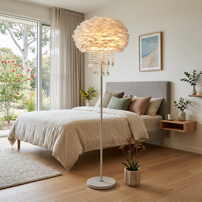 Elara Haus Lyra Vault – Architectural Crystal Tassel & Feather Floor Lamp