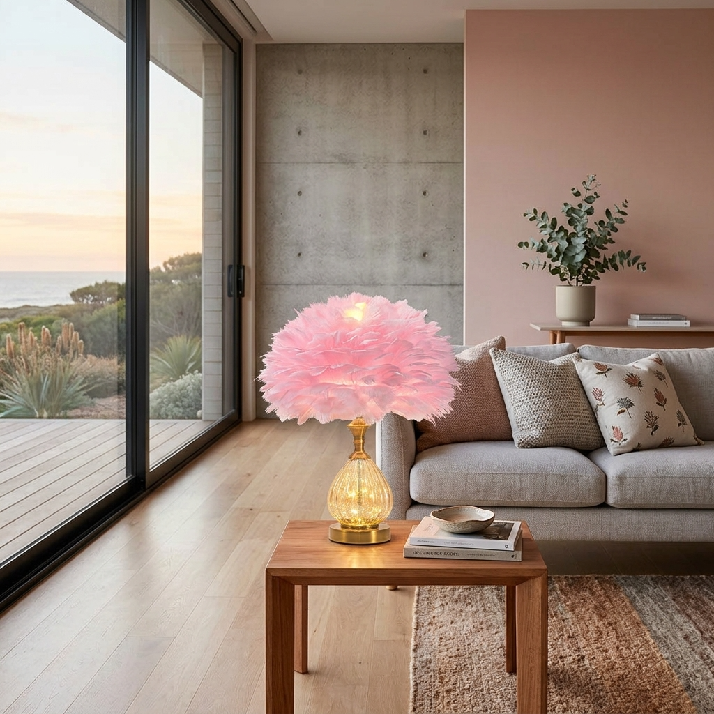 Elara Haus Lyra Vault – Architectural Pink Feather & Teardrop Glass Table Lamp